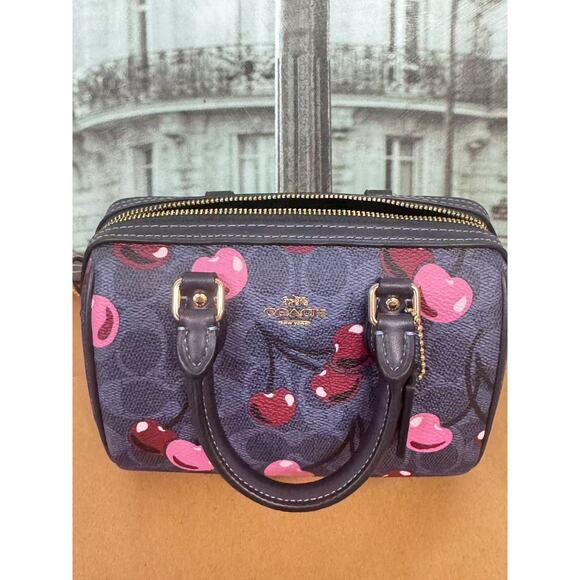 Coach CY741 Mini Rowan Crossbody Bag In Signature Canvas Cherry Print IN DENIM - Picture 1 of 6